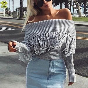 gray off the shoulder Crop tassel sweater